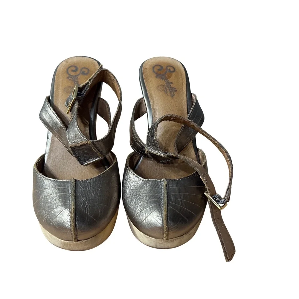 Seychelles Womens Metallic Pewter Leather Wood Platform Cone Heel Sandals Size 8